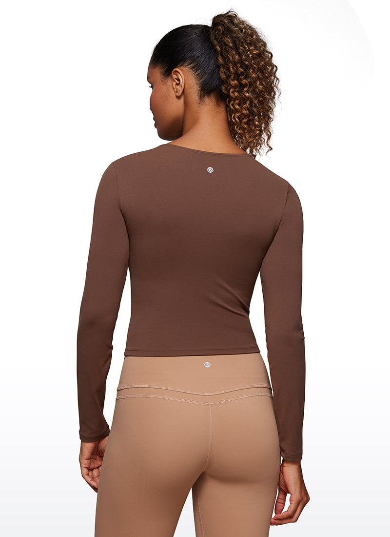 CRZ YOGA Women's Slim Fit Yoga Butterluxe Crop Long Sleeves Front Seam Coffee Brown @model_info:Irina