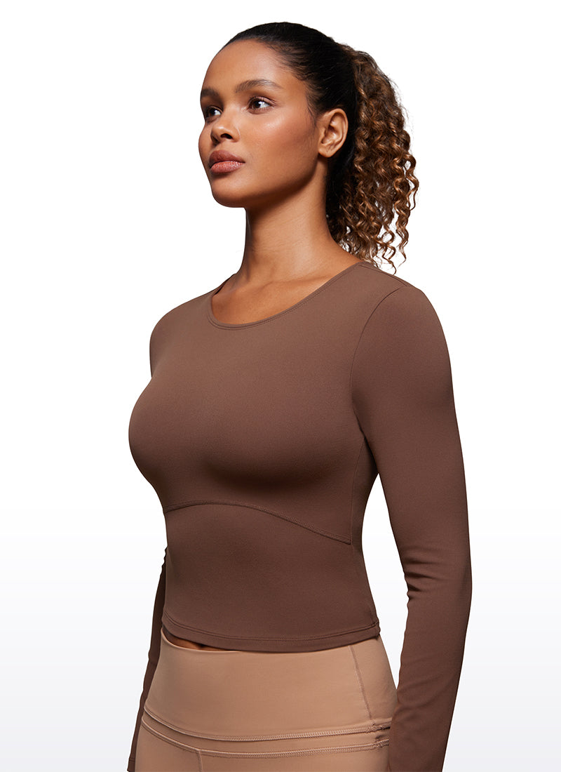 CRZ YOGA Women's Slim Fit Yoga Butterluxe Crop Long Sleeves Front Seam Coffee Brown @model_info:Irina