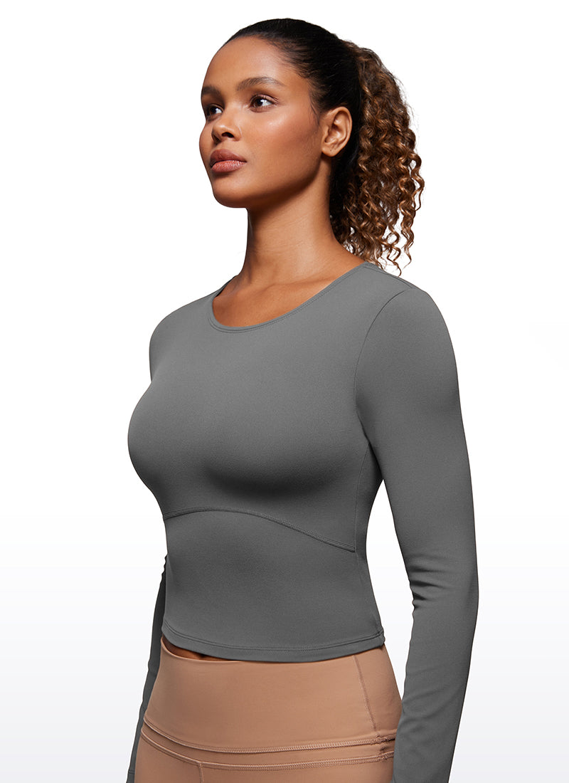 CRZ YOGA Women's Slim Fit Yoga Butterluxe Crop Long Sleeves Front Seam Lava Smoke Grey @model_info:gigi