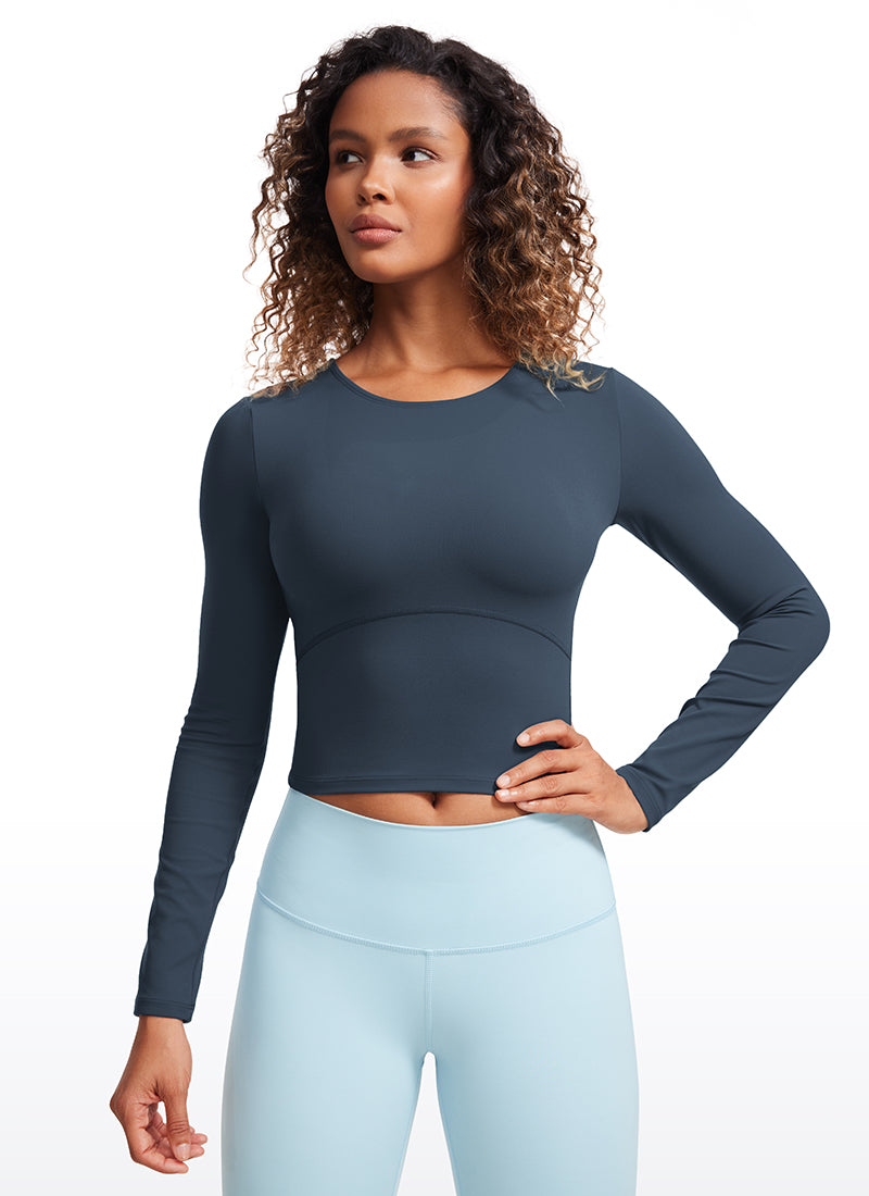 CRZ YOGA Women's Slim Fit Yoga Butterluxe Crop Long Sleeves Front Seam Stelindigo @model_info:gigi