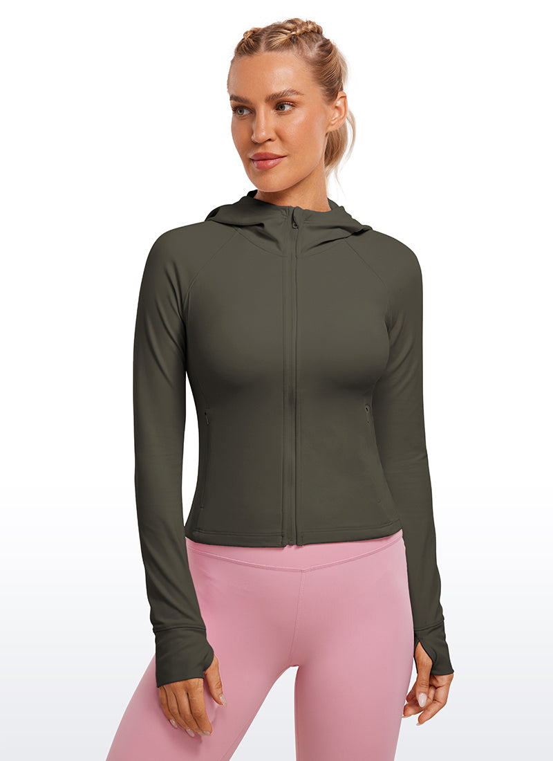 CRZ YOGA Women's Butterluxe Outerwear Full Zip Hoodies Jackets Light Army Green @model_info:Natali