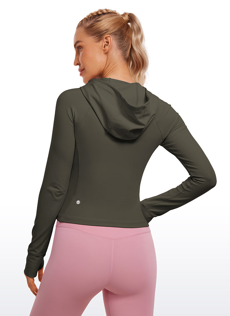 CRZ YOGA Women's Butterluxe Outerwear Full Zip Hoodies Jackets Light Army Green @model_info:Natali