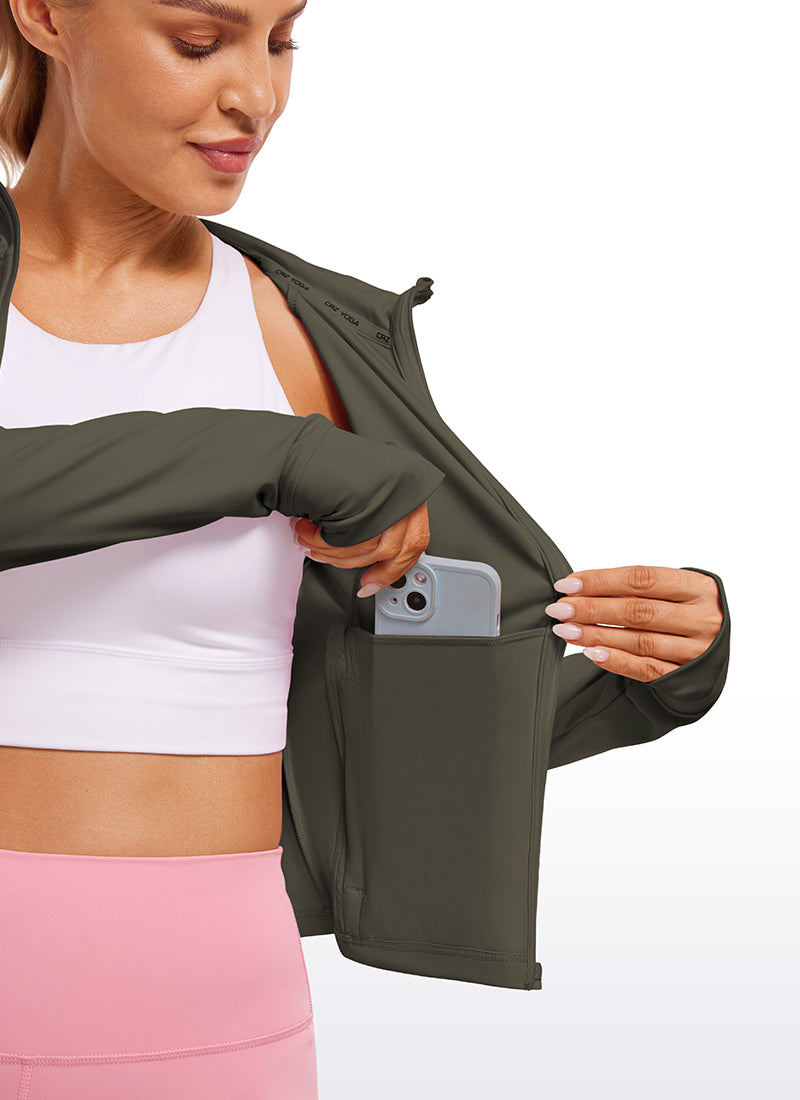 CRZ YOGA Women's Butterluxe Outerwear Full Zip Hoodies Jackets Light Army Green @model_info:Natali