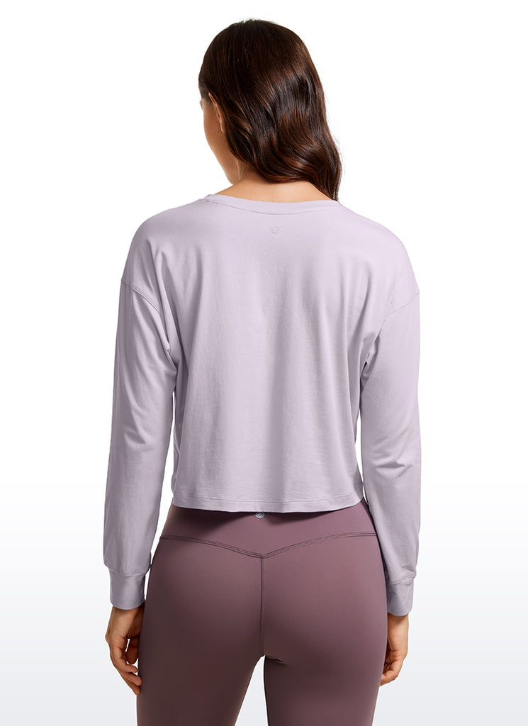 CRZ YOGA Women's Yoga Loose Fit Tops Pima Cotton Cropped Long Sleeve Tinsel Purple