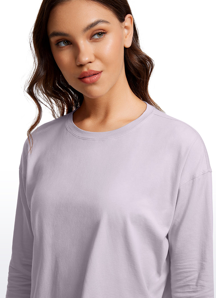 CRZ YOGA Women's Yoga Loose Fit Tops Pima Cotton Cropped Long Sleeve Tinsel Purple