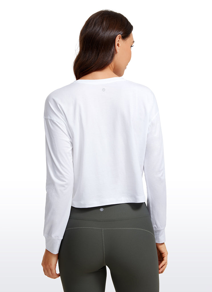 CRZ YOGA Women's Yoga Loose Fit Tops Pima Cotton Cropped Long Sleeve Universe Blue