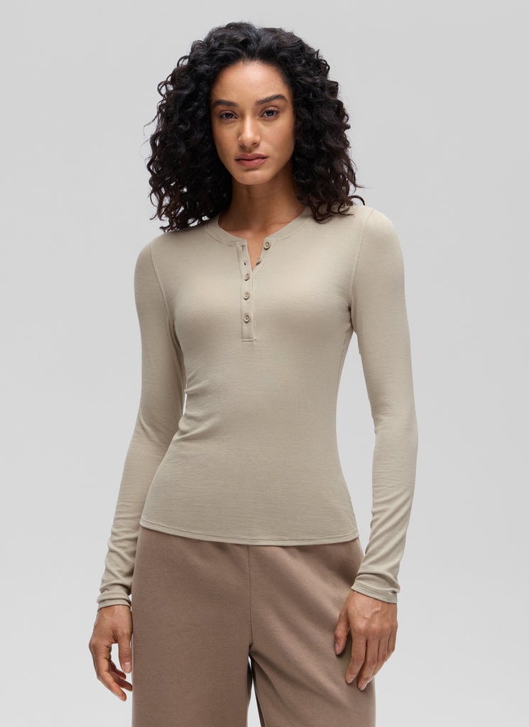 CRZ YOGA Womens Fitted Casual Ribbed Modal Henley Shirts Long Sleeves Milky White