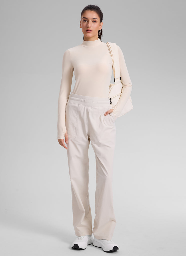 CRZ YOGA Women's Cloudweight Workout Mock Neck Hip Length Long Sleeves White Opal