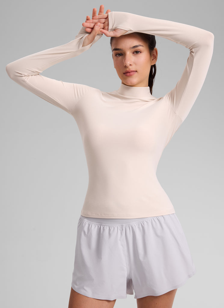 CRZ YOGA Women's Cloudweight Workout Mock Neck Hip Length Long Sleeves White Opal