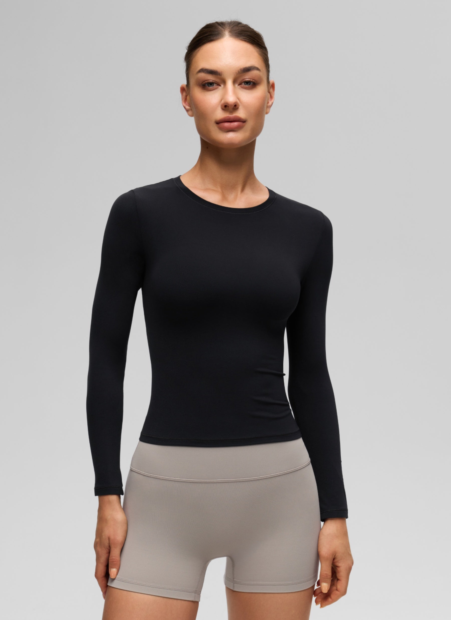 CRZ YOGA Women's Crew Neck Tight Fit Long Sleeve Shirts Casual Tee Black