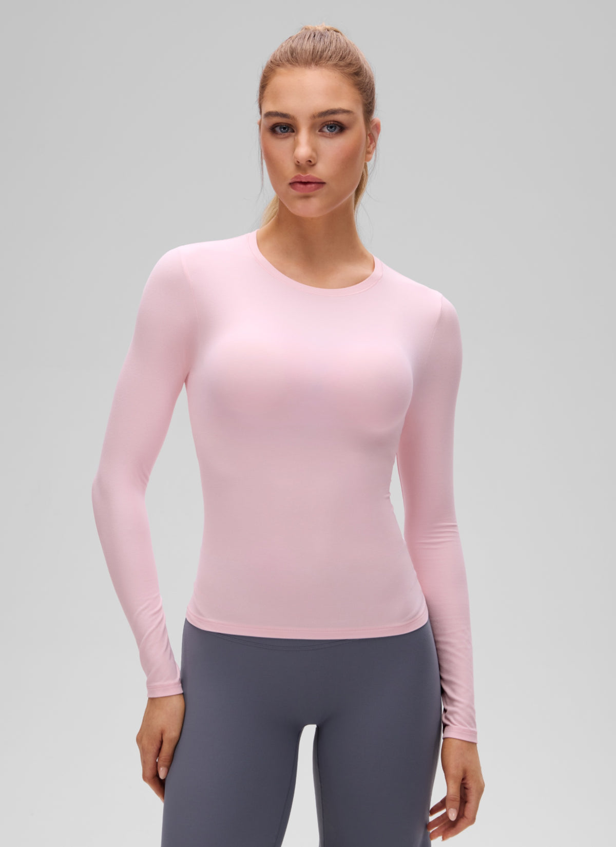 CRZ YOGA Women's Crew Neck Tight Fit Long Sleeve Shirts Casual Tee Strawberry Pink