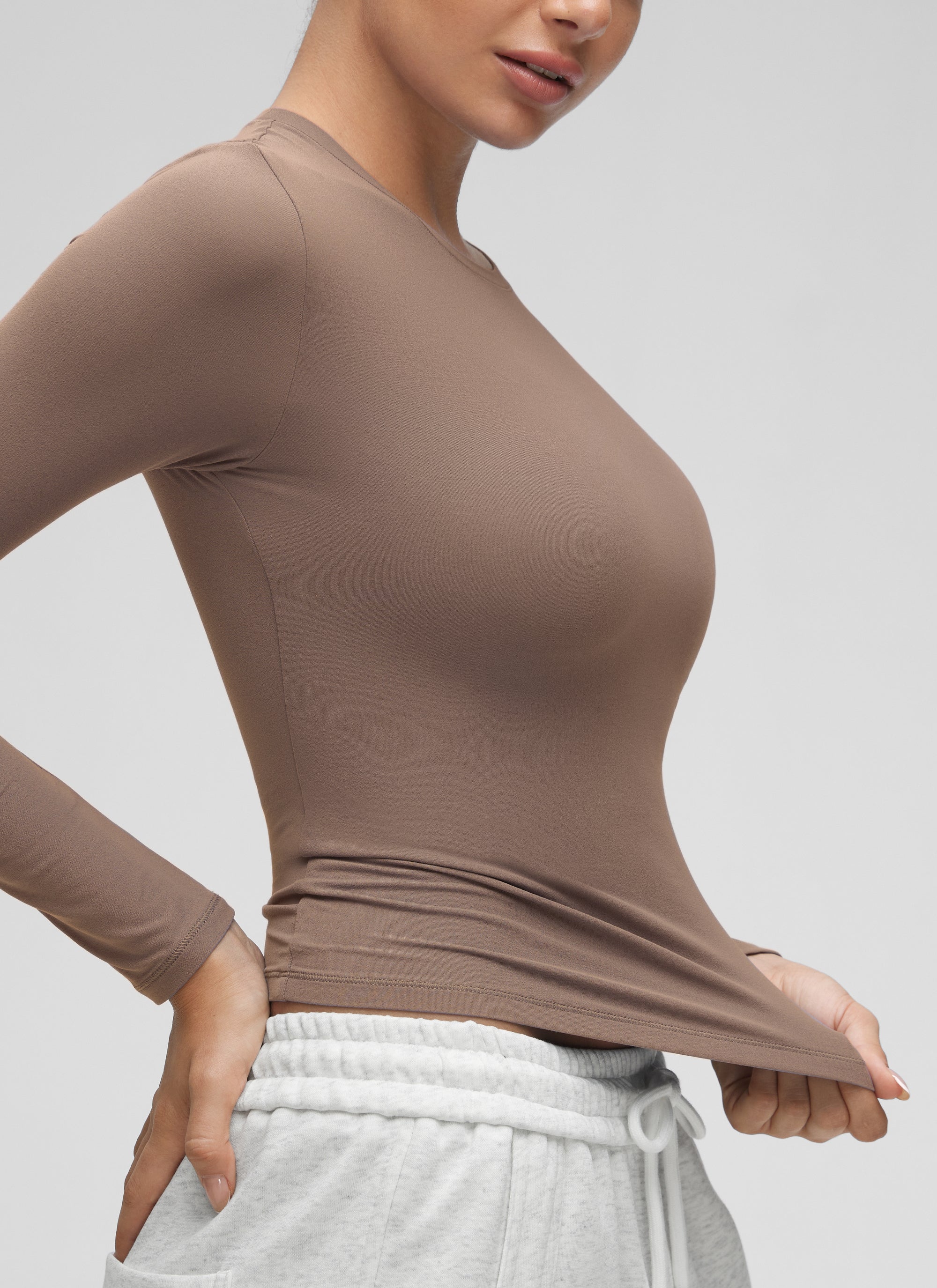 CRZ YOGA Women's Crew Neck Tight Fit Long Sleeve Shirts Casual Tee Brown Purple