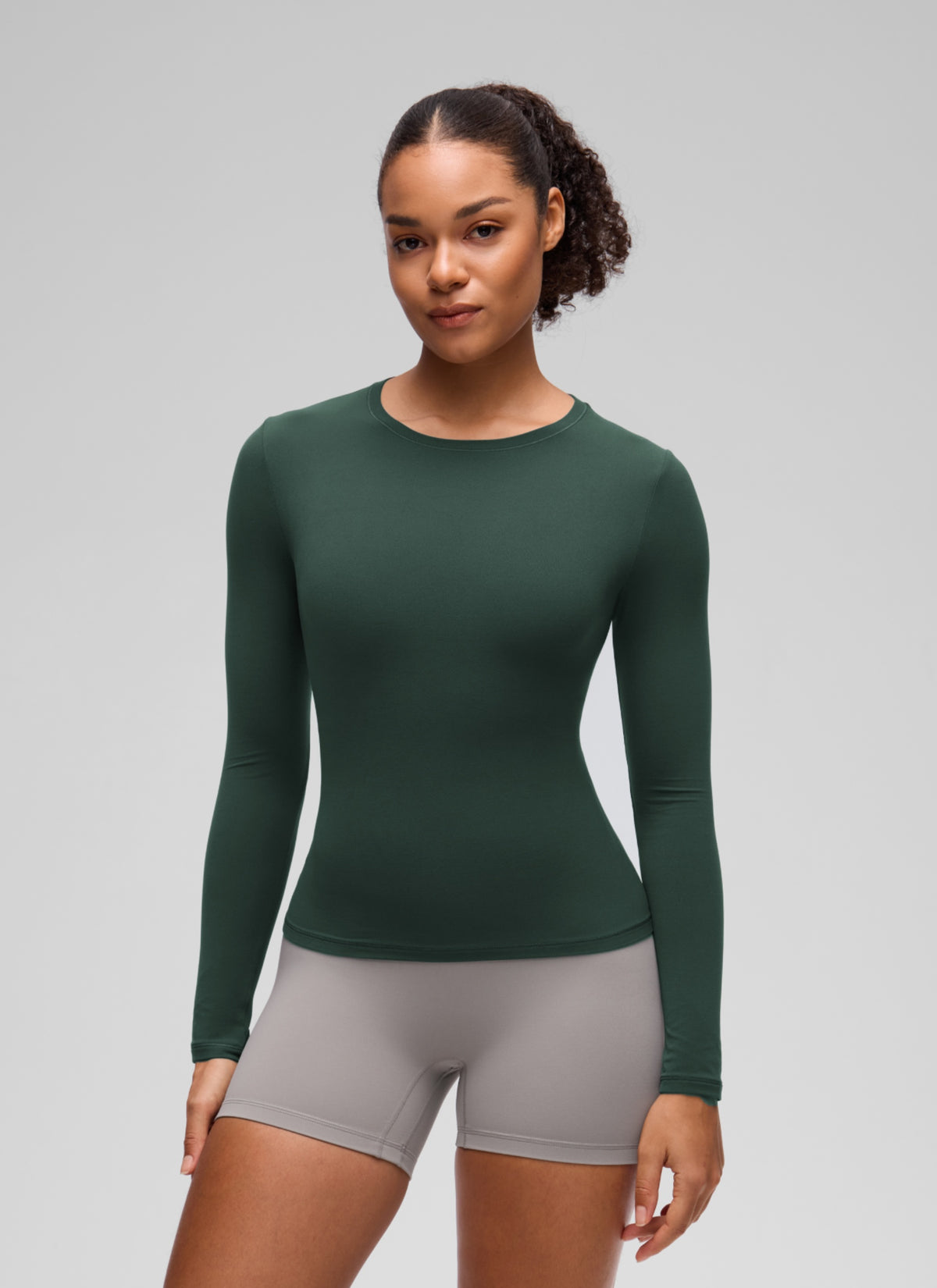 CRZ YOGA Women's Crew Neck Tight Fit Long Sleeve Shirts Casual Tee Legend Green @model_info:F