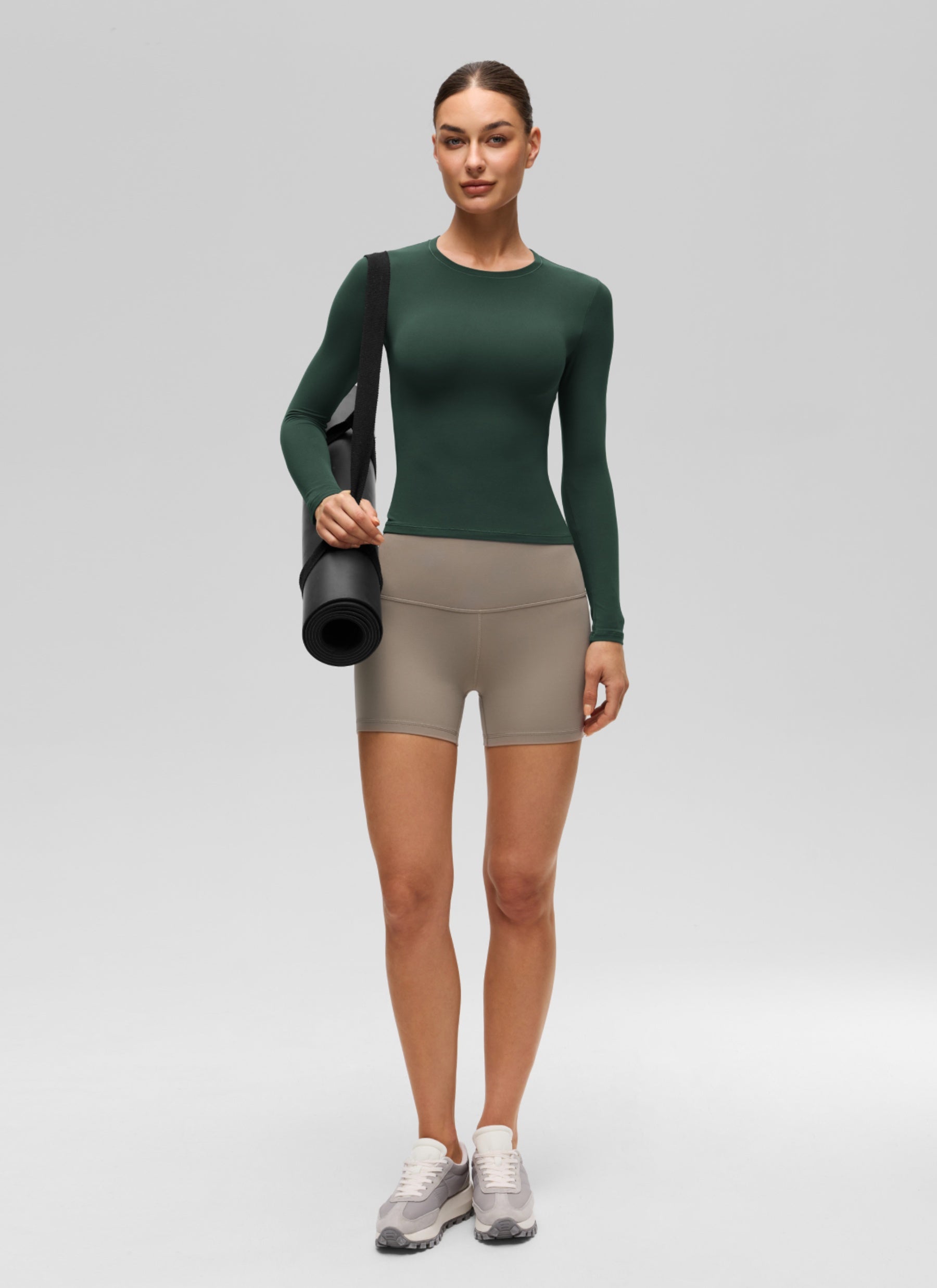 CRZ YOGA Women's Crew Neck Tight Fit Long Sleeve Shirts Casual Tee Legend Green