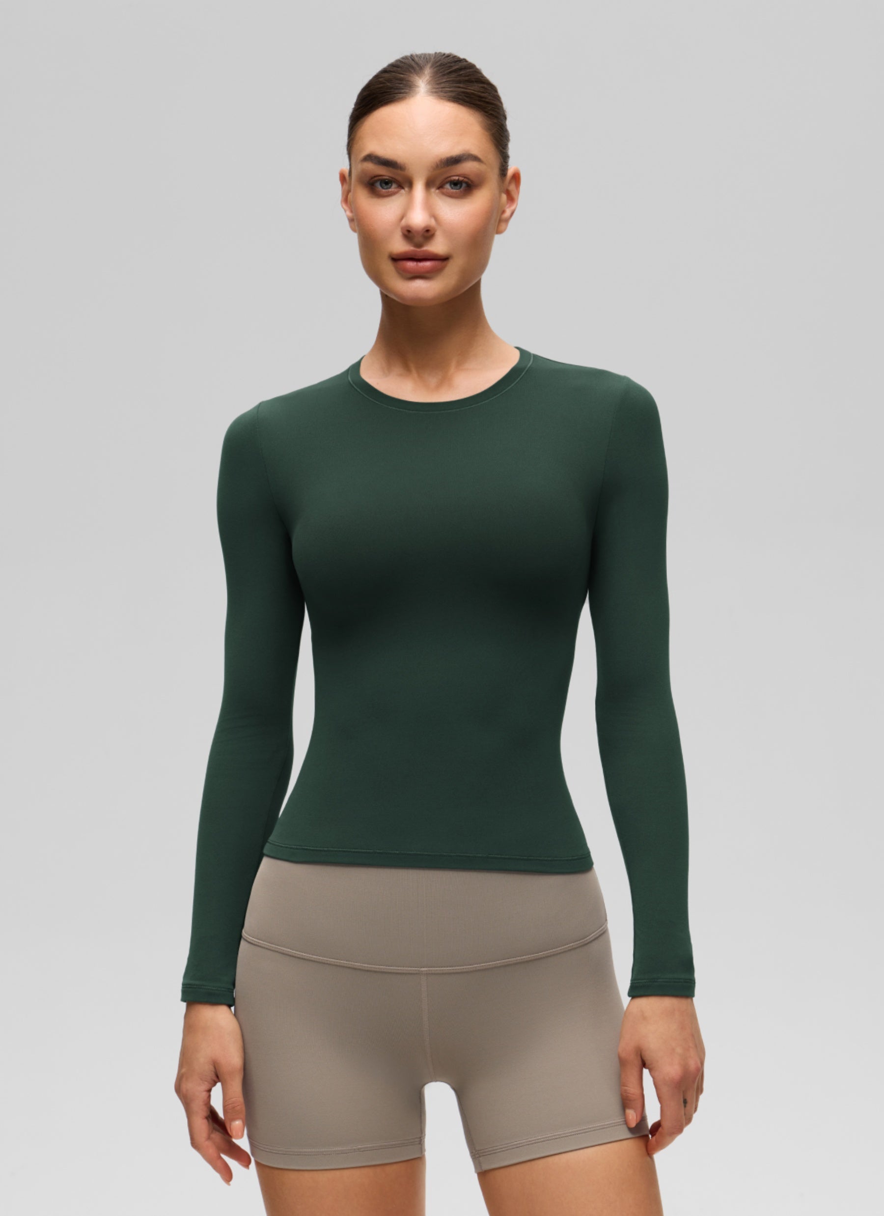 CRZ YOGA Women's Crew Neck Tight Fit Long Sleeve Shirts Casual Tee Legend Green