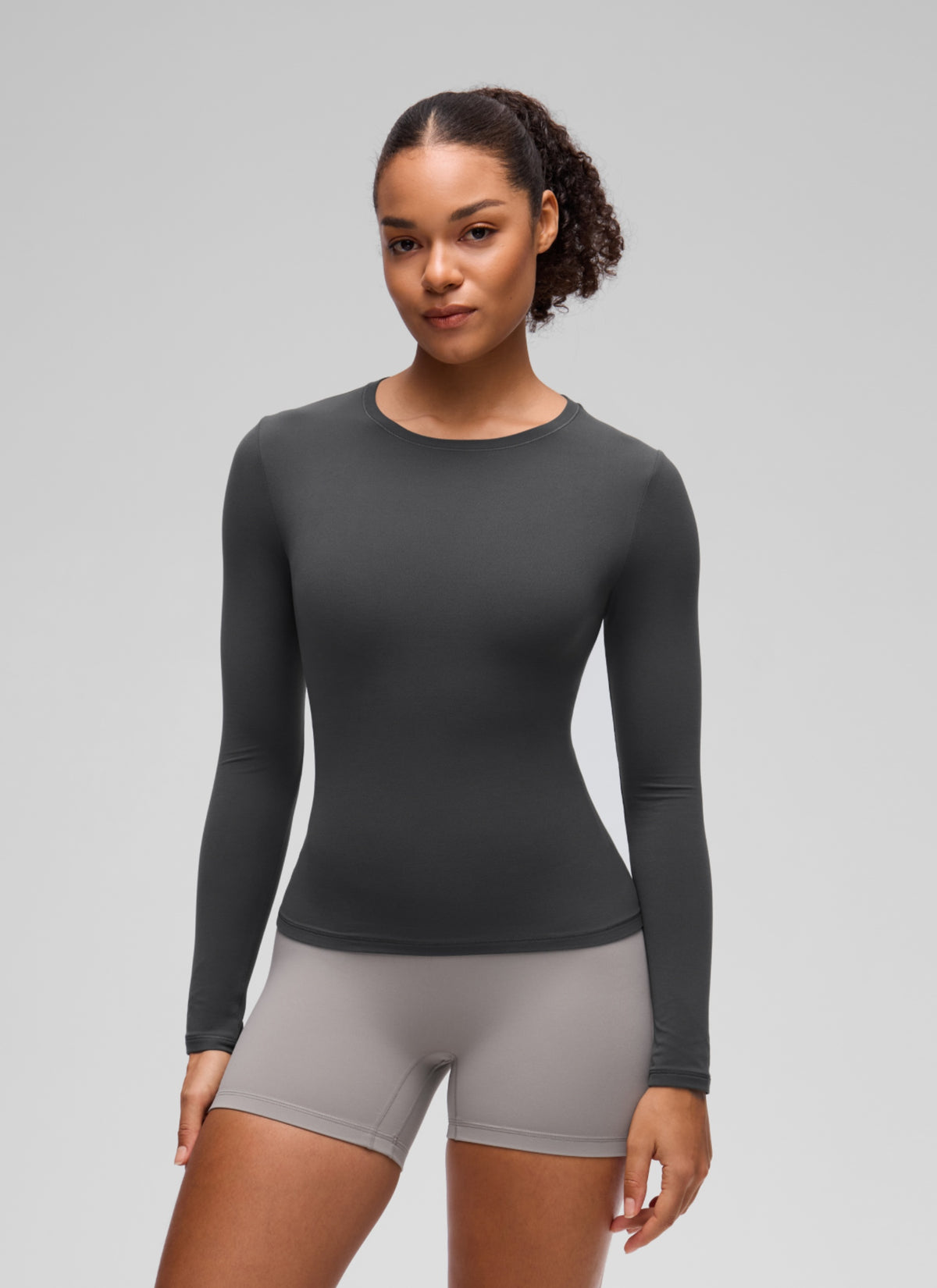 CRZ YOGA Women's Crew Neck Tight Fit Long Sleeve Shirts Casual Tee Mysterious Grey @model_info:F