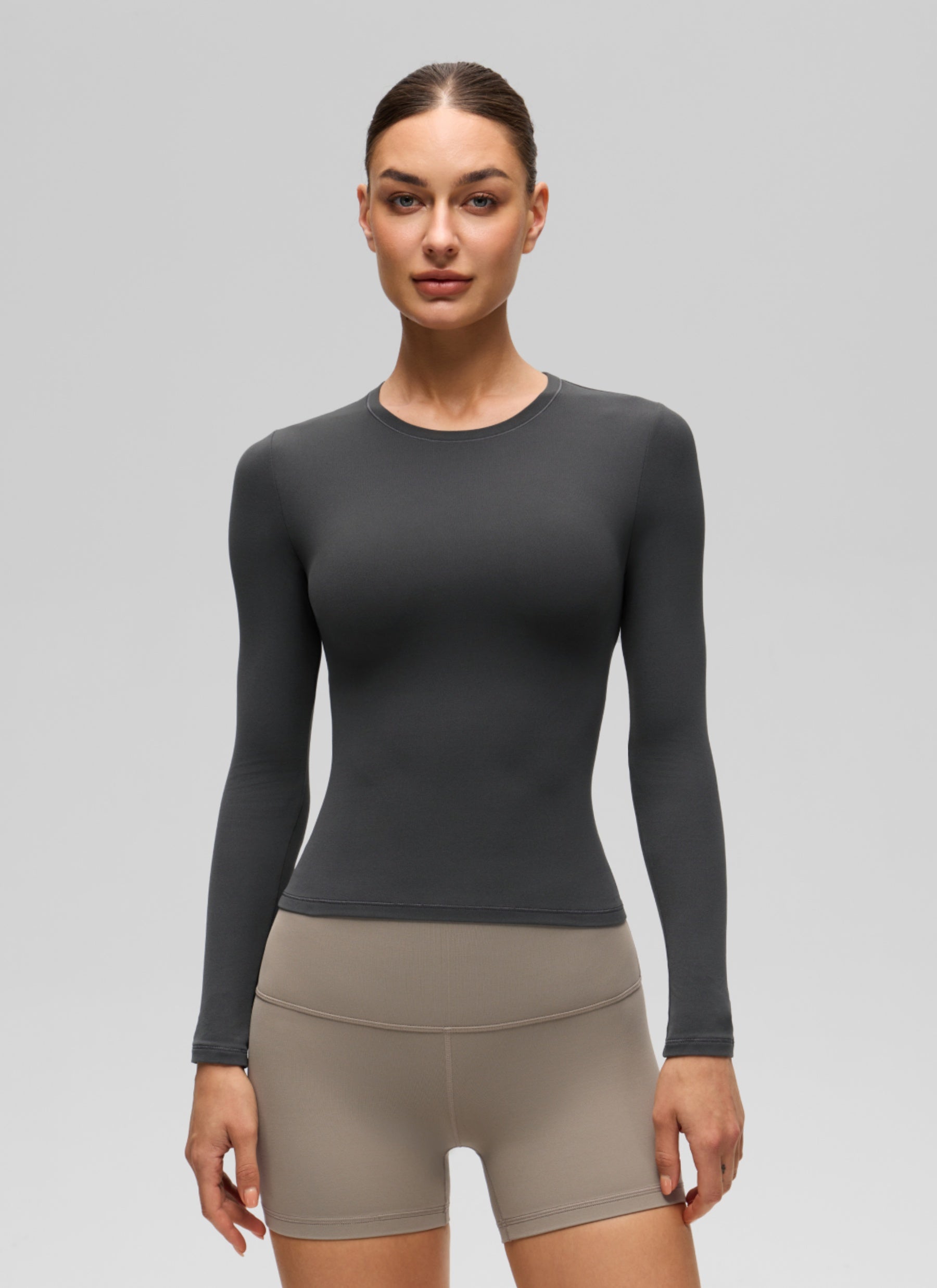 CRZ YOGA Women's Crew Neck Tight Fit Long Sleeve Shirts Casual Tee Mysterious Grey