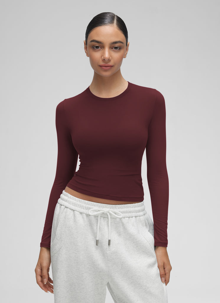 CRZ YOGA Women's Crew Neck Tight Fit Long Sleeve Shirts Casual Tee Red Merlot