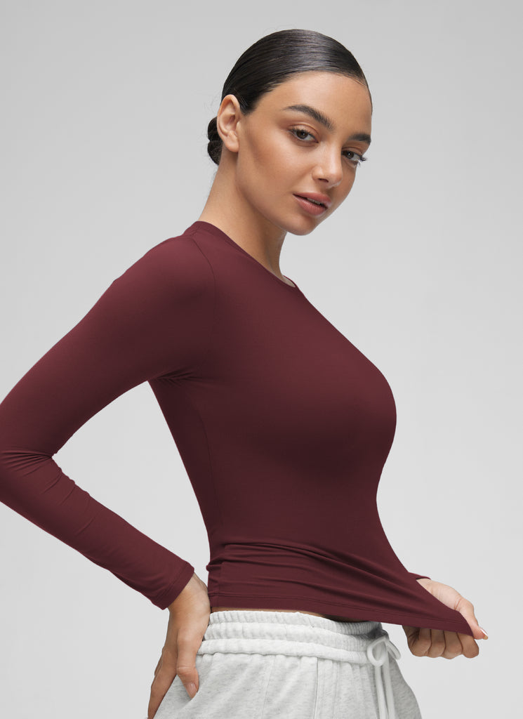 CRZ YOGA Women's Crew Neck Tight Fit Long Sleeve Shirts Casual Tee Red Merlot