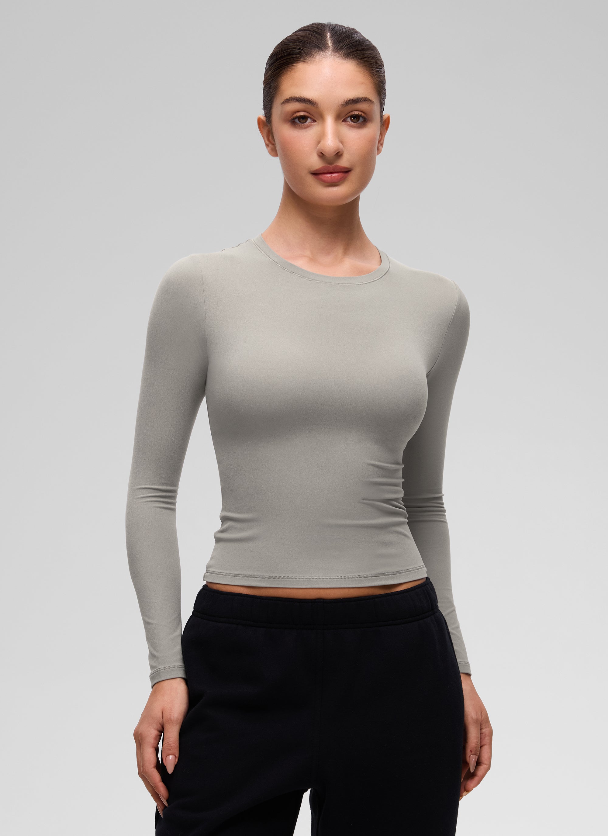 CRZ YOGA Women's Crew Neck Tight Fit Long Sleeve Shirts Casual Tee Rocky Grey