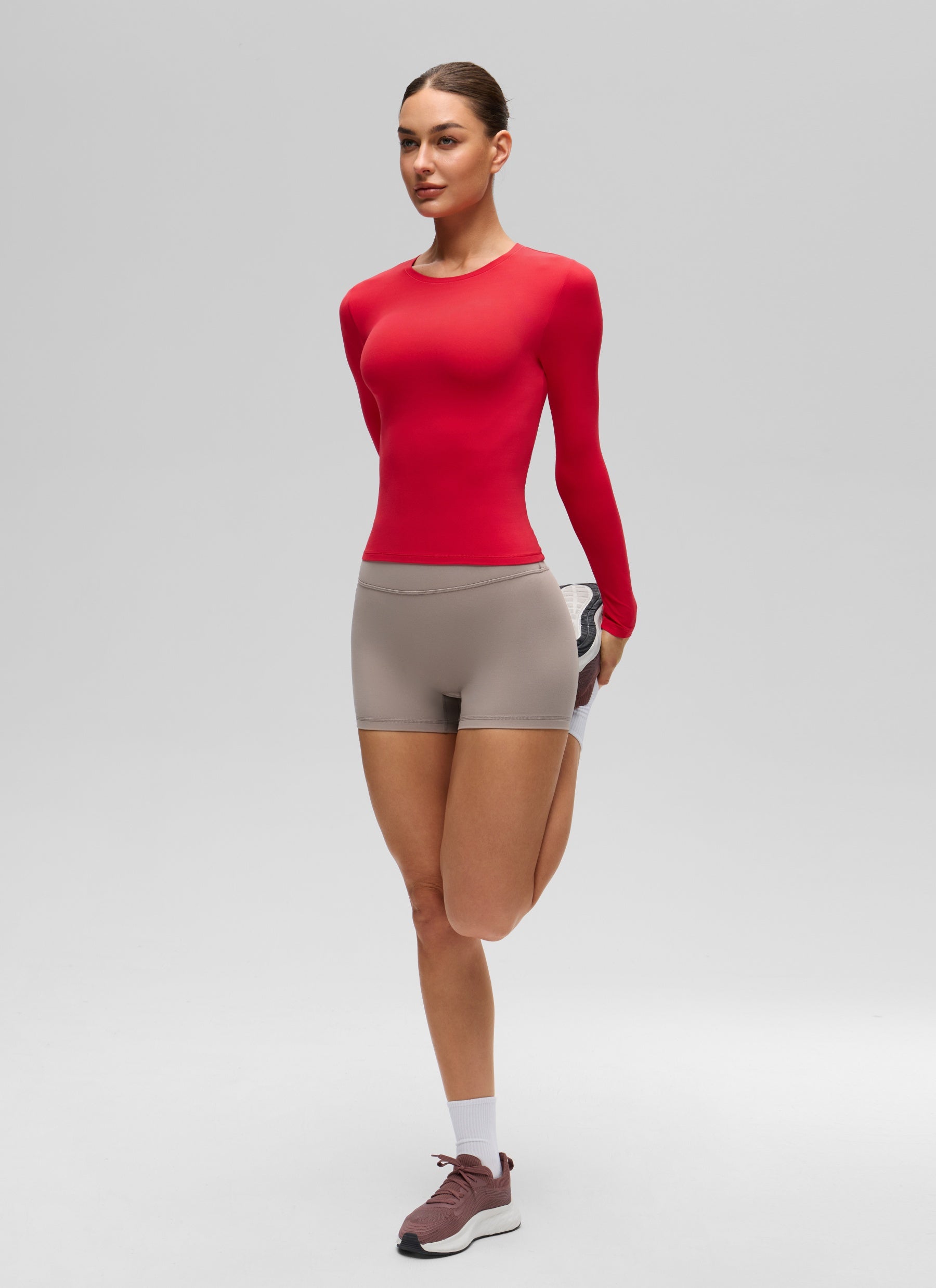 CRZ YOGA Women's Crew Neck Tight Fit Long Sleeve Shirts Casual Tee Aurora Red