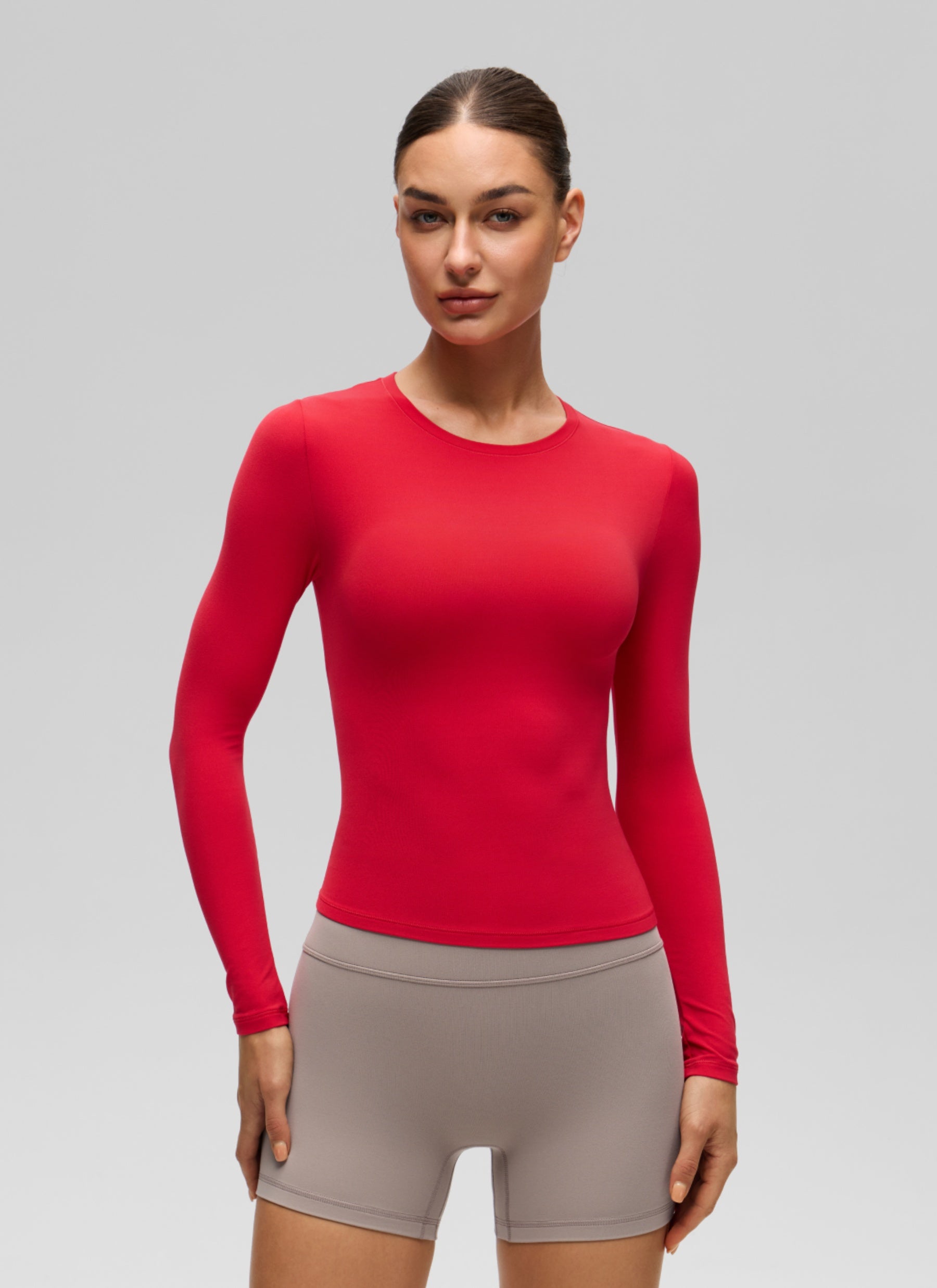 CRZ YOGA Women's Crew Neck Tight Fit Long Sleeve Shirts Casual Tee Aurora Red