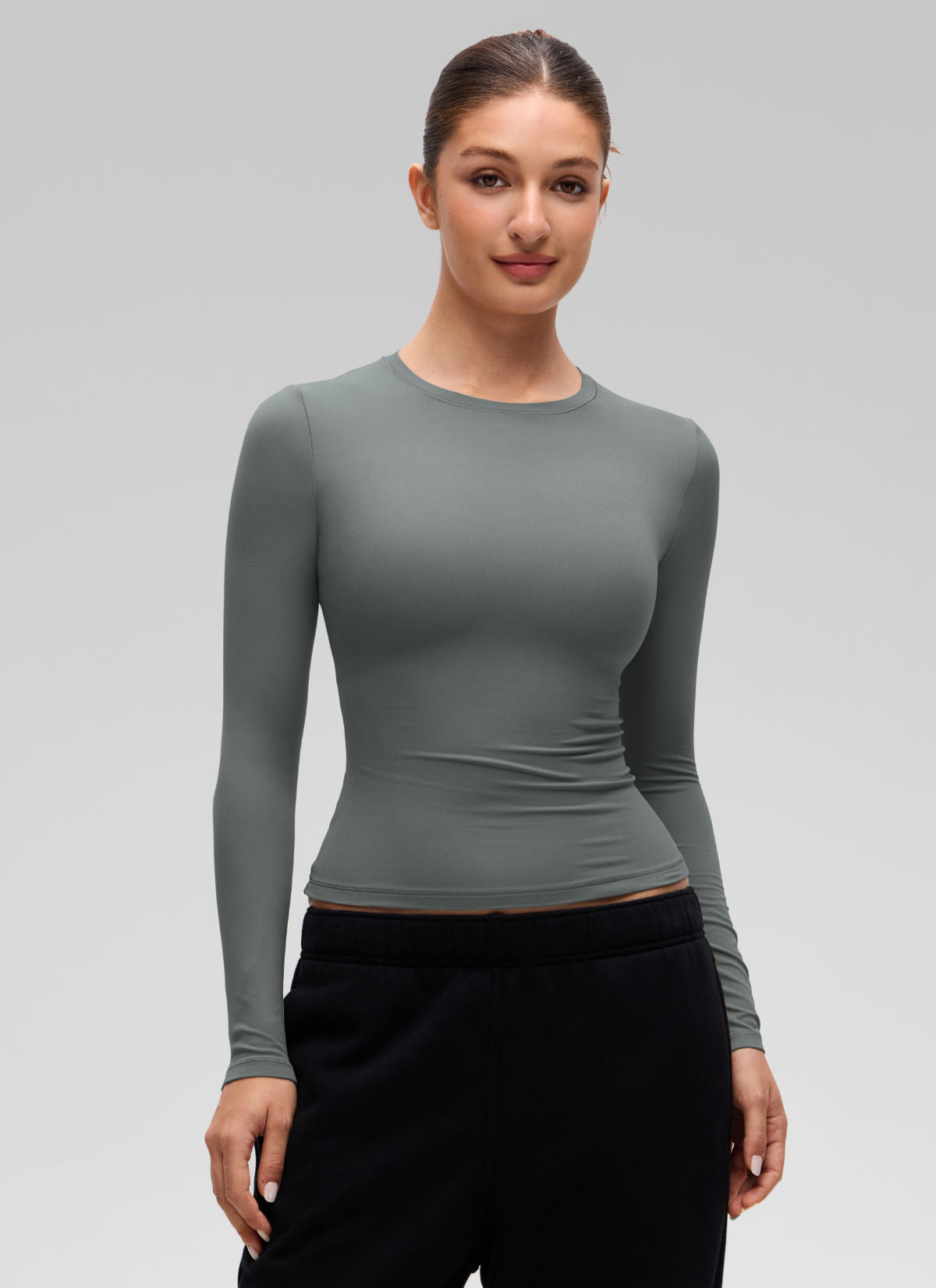CRZ YOGA Women's Crew Neck Tight Fit Long Sleeve Shirts Casual Tee Grey Sage