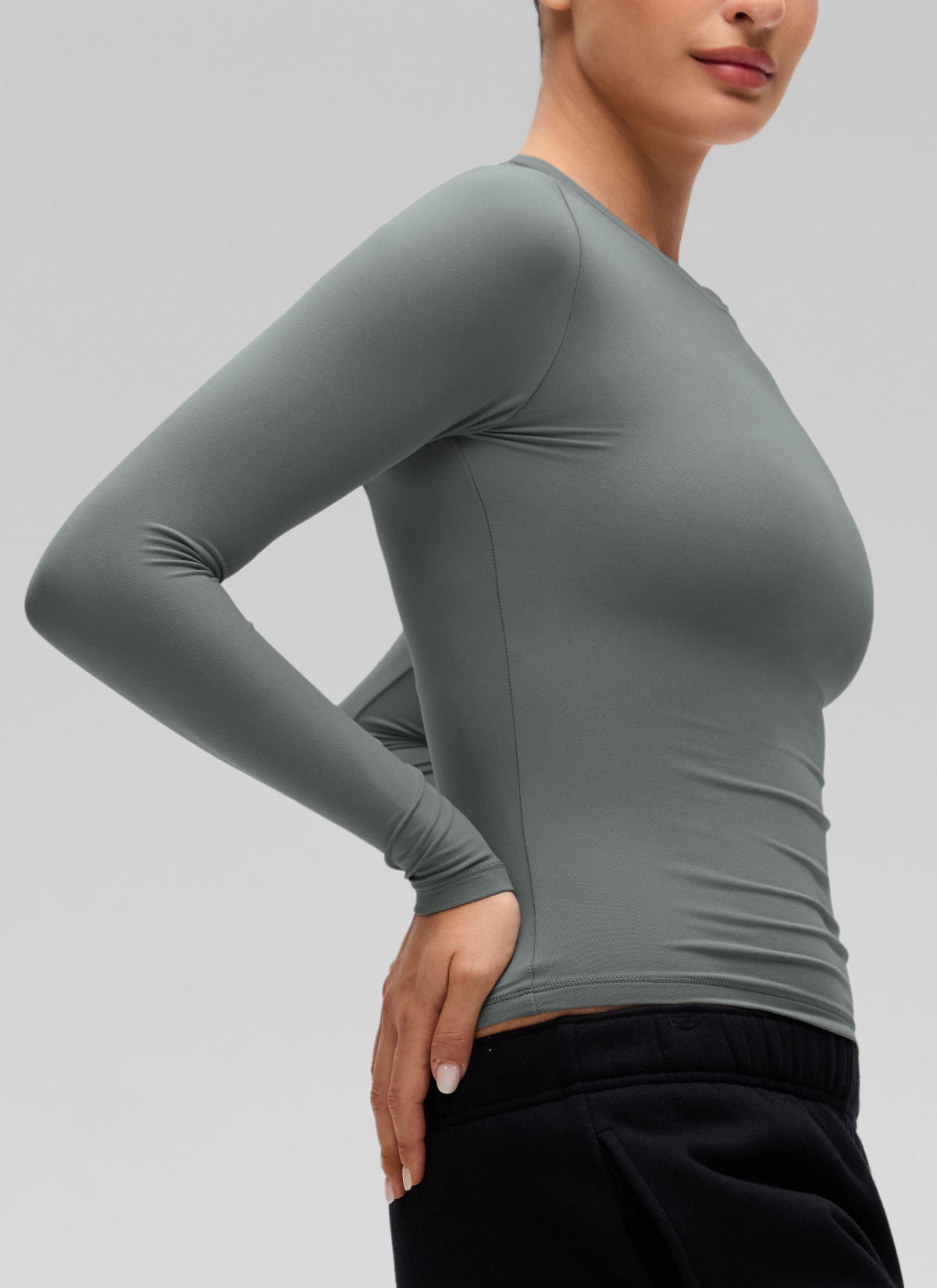 CRZ YOGA Women's Crew Neck Tight Fit Long Sleeve Shirts Casual Tee Grey Sage