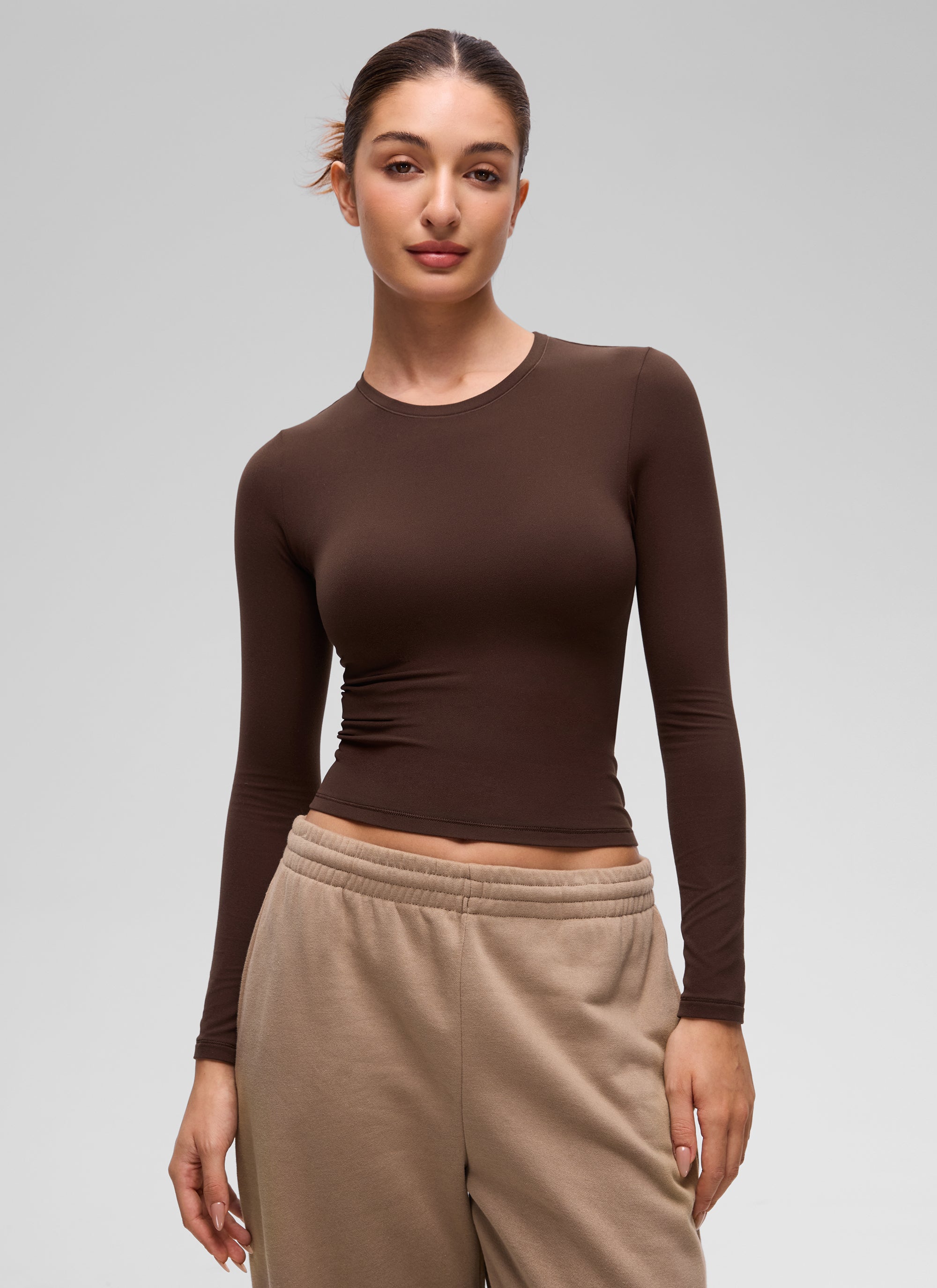 CRZ YOGA Women's Crew Neck Tight Fit Long Sleeve Shirts Casual Tee Lava Brown