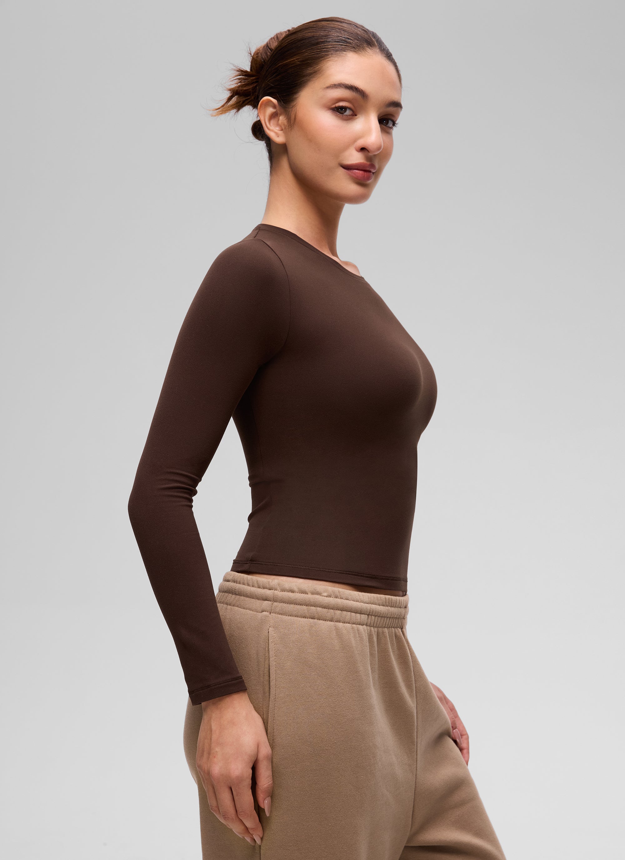 CRZ YOGA Women's Crew Neck Tight Fit Long Sleeve Shirts Casual Tee Lava Brown