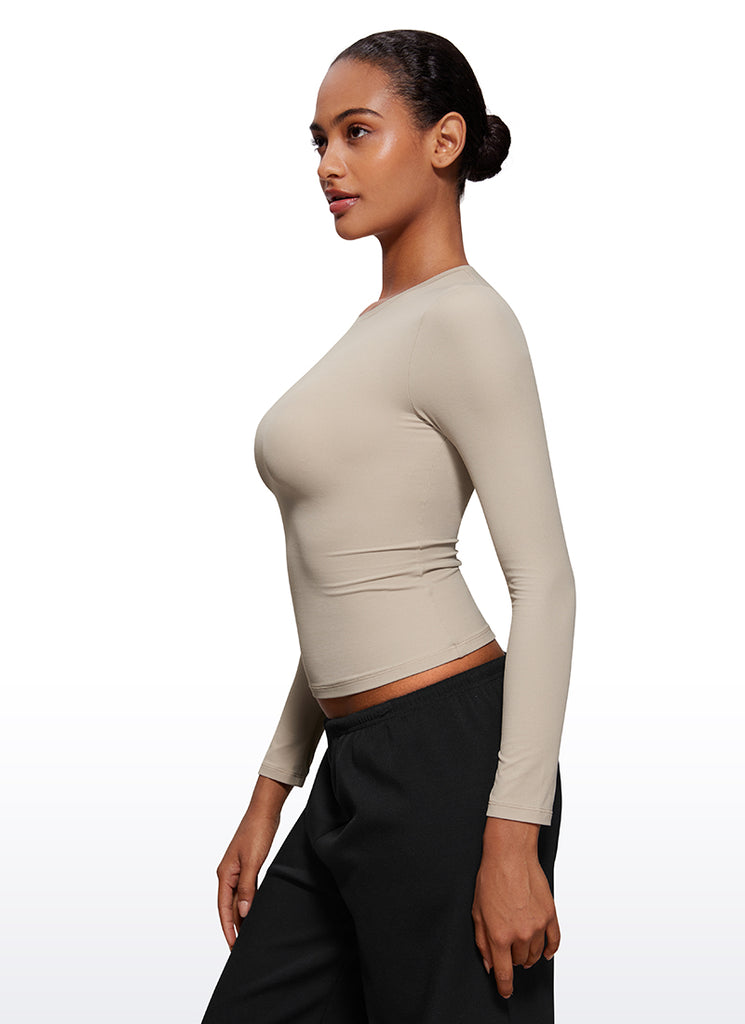 CRZ YOGA Women's Crew Neck Tight Fit Long Sleeve Shirts Casual Tee Mojave Tan