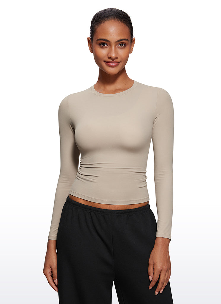 CRZ YOGA Women's Crew Neck Tight Fit Long Sleeve Shirts Casual Tee Mojave Tan