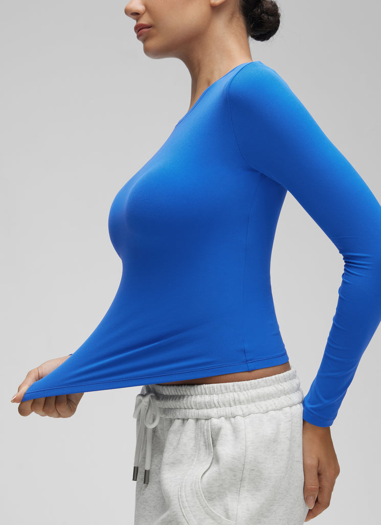 CRZ YOGA Women's Crew Neck Tight Fit Long Sleeve Shirts Casual Tee Sparkle Blue