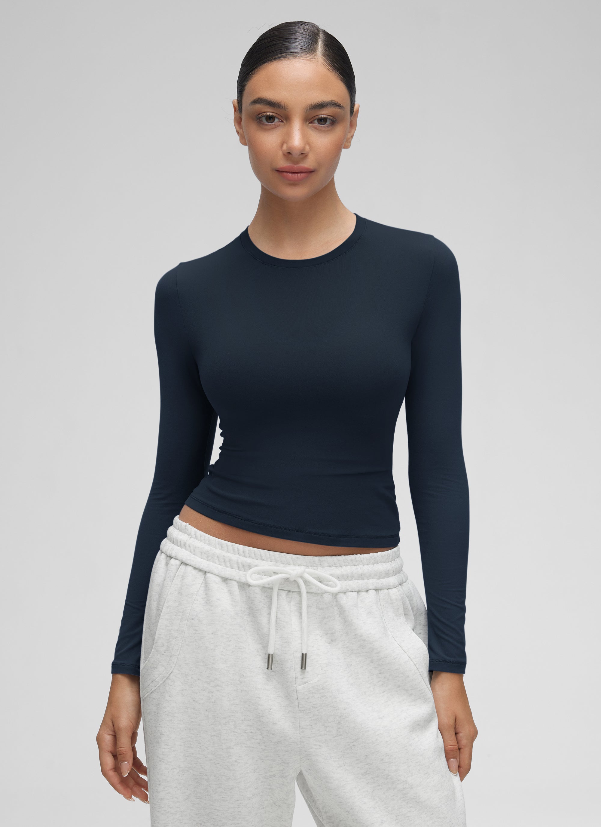 CRZ YOGA Women's Crew Neck Tight Fit Long Sleeve Shirts Casual Tee True Navy