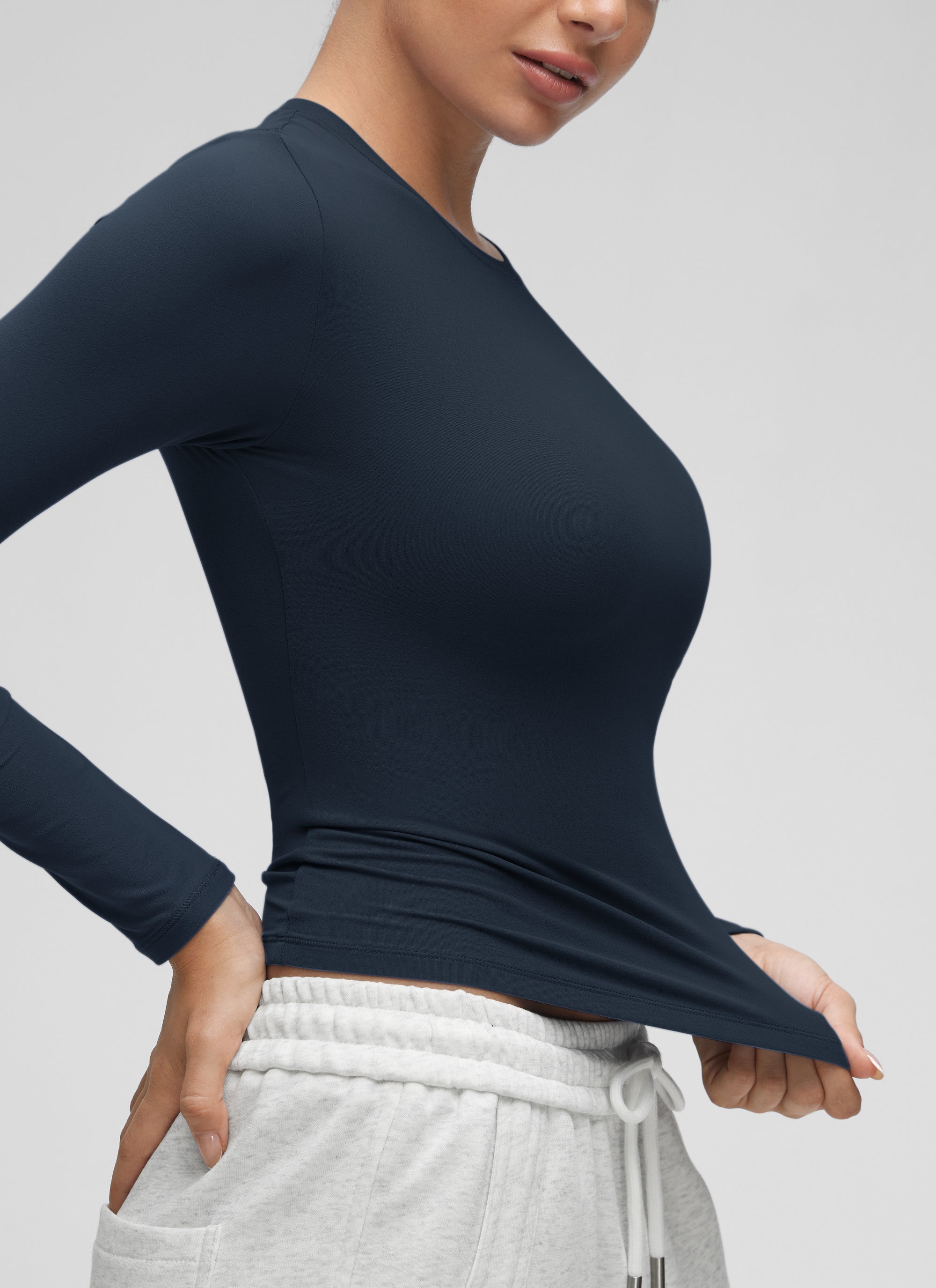 CRZ YOGA Women's Crew Neck Tight Fit Long Sleeve Shirts Casual Tee True Navy