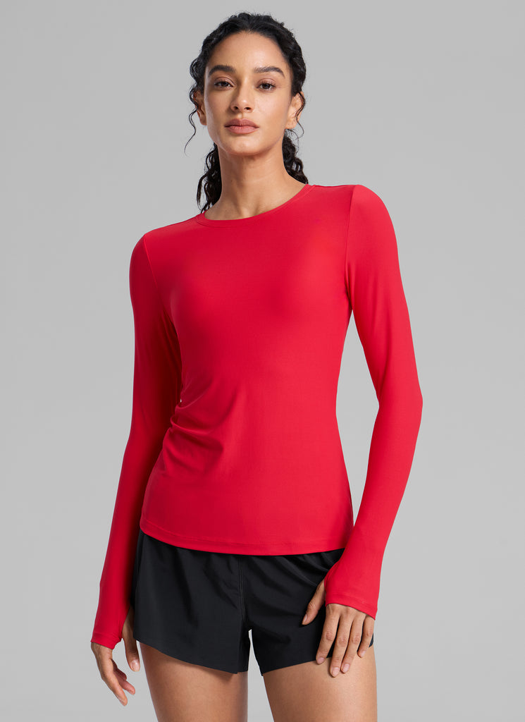 CRZYOGA Women's Cloudweight Workout Crewneck Long Sleeve Thumb Hole Aurora Red