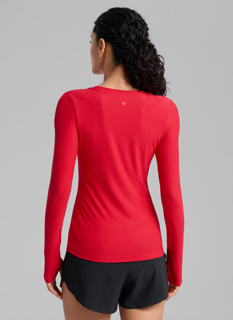 CRZYOGA Women's Cloudweight Workout Crewneck Long Sleeve Thumb Hole Aurora Red
