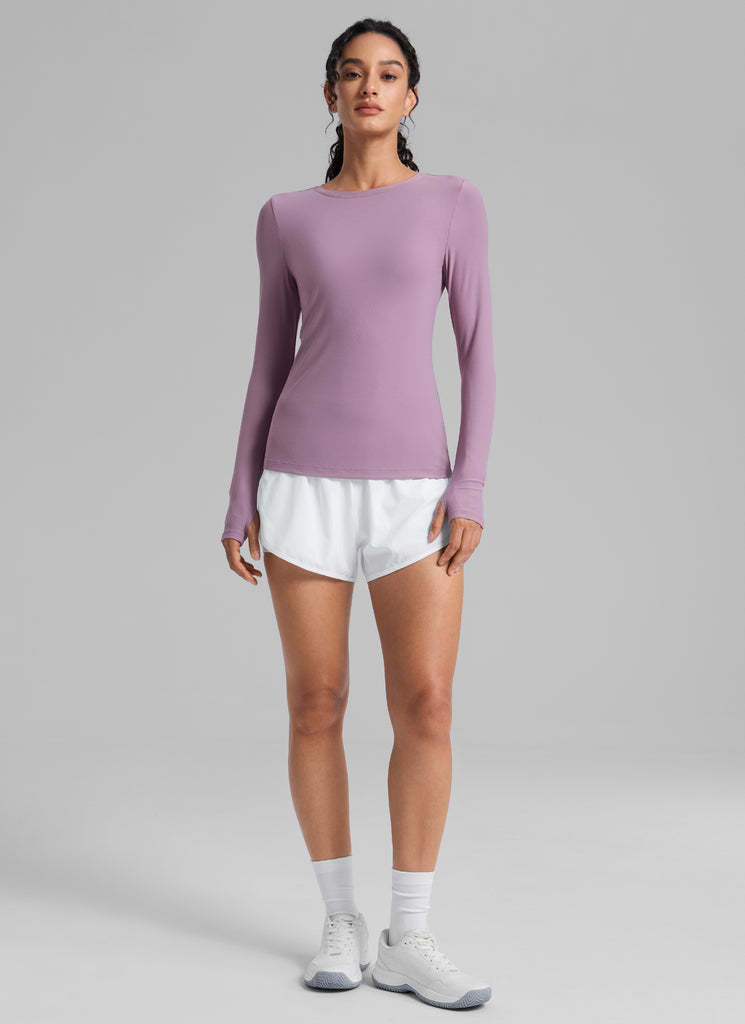 CRZYOGA Women's Cloudweight Workout Crewneck Long Sleeve Thumb Hole Aurora Red