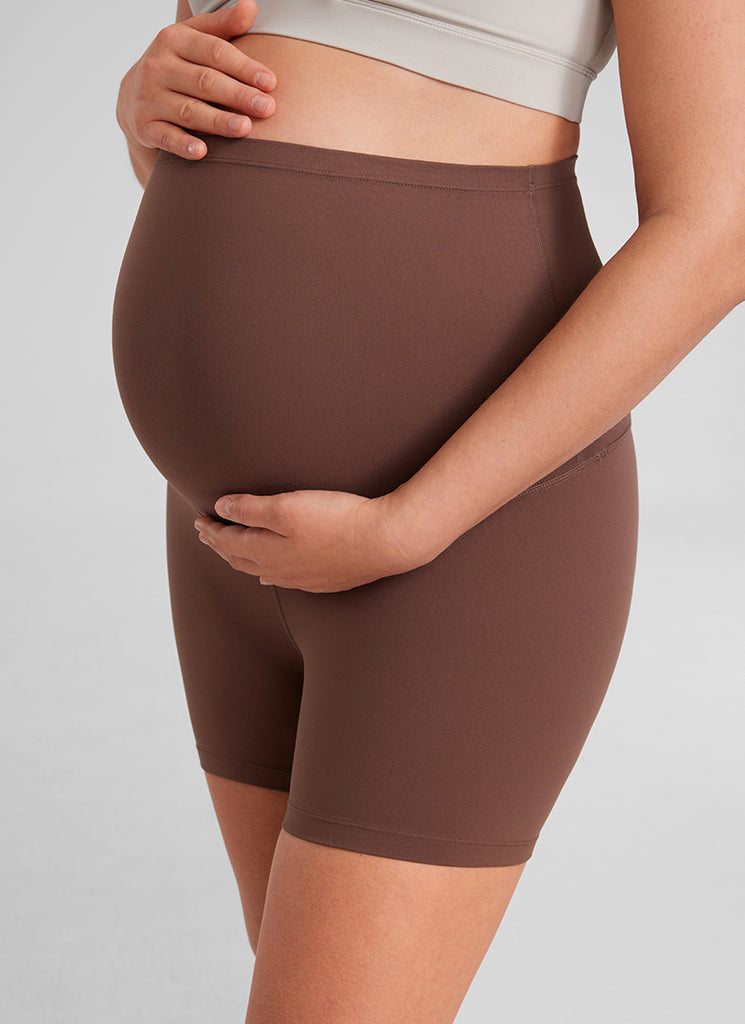 CRZ YOGA Women's Maternity Biker Shorts Super High Rise Butterluxe 4'' Coffee Brown