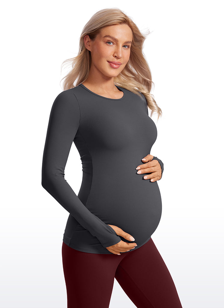 CRZ YOGA Women Butterluxe Long Sleeve Maternity Crewneck Pregnancy Top Red Merlot