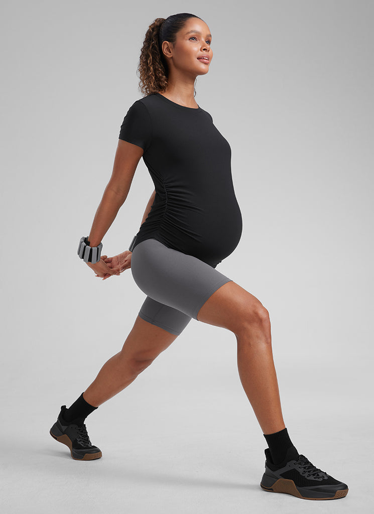 CRZ YOGA Women's Maternity Casual Shirts Short Sleeve Side Ruched Tops Black