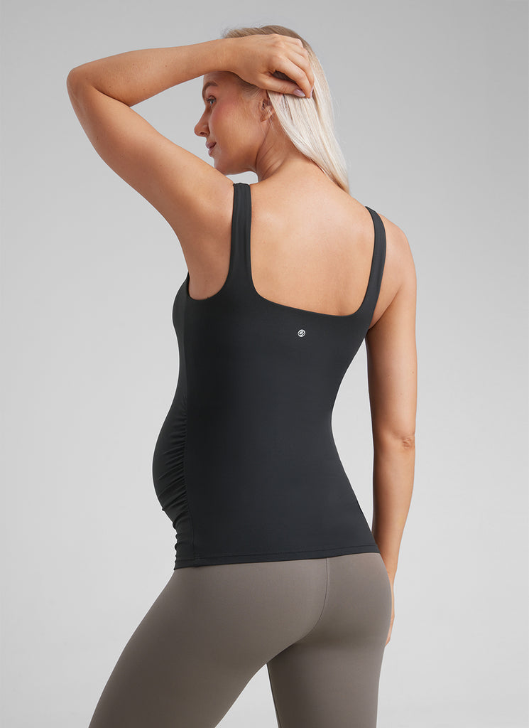 CRZ YOGA  Women's Square Neck Maternity Tank Tops Ruched Sleeveless Black